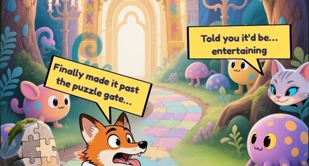 Tinker arrives at a golden puzzle gate with a mysterious cat companion